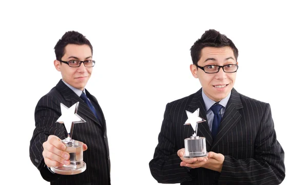 Funny guy receiving award on white — Stock Photo, Image