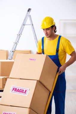 Genç erkek, profesyonel nakliyeci evde yer değiştiriyor.
