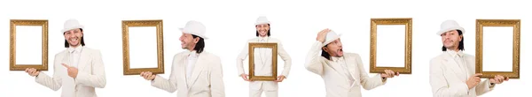 Muž v bílém kostýmu s rámečkem — Stock fotografie