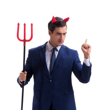 Evil devil businessman with pitchfork isolated on white backgrou clipart