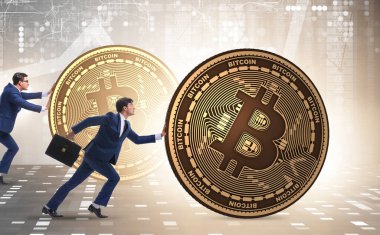 İşadamı, kripto para zinciri konseptinde bitcoin basıyor