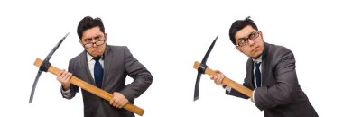 Genç işadamının elinde beyaz bir alet var.