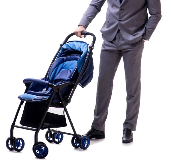 Young dad businessman with baby pram isolated on white — Stock Photo, Image