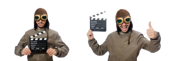 Pilot håller filmen FJÄLLPANEL på vit — Stockfoto