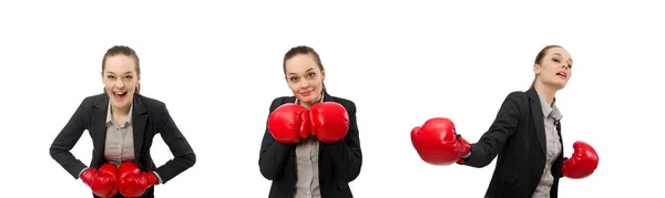 Zakenvrouw met bokshandschoenen geïsoleerd op wit — Stockfoto