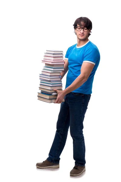 Estudiante masculino con muchos libros aislados en blanco — Foto de Stock