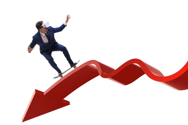 금융 그래프상에서 스케이트 보드를 타고 있는 사업가 — 스톡 사진