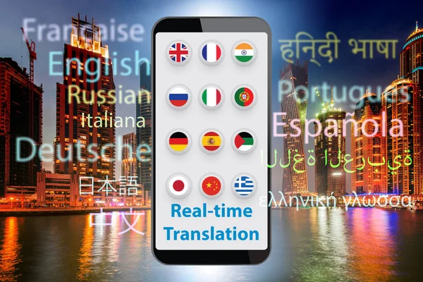 Concept van real-time vertaling met smartphone app - 3d render — Stockfoto