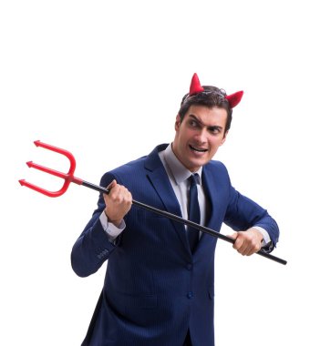Evil devil businessman with pitchfork isolated on white backgrou clipart
