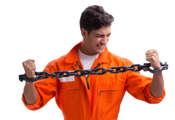 Prigioniero con le mani incatenate isolate su sfondo bianco — Foto Stock