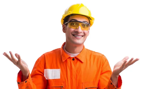 Trabalhador da construção civil usando chapéu duro isolado no branco — Fotografia de Stock