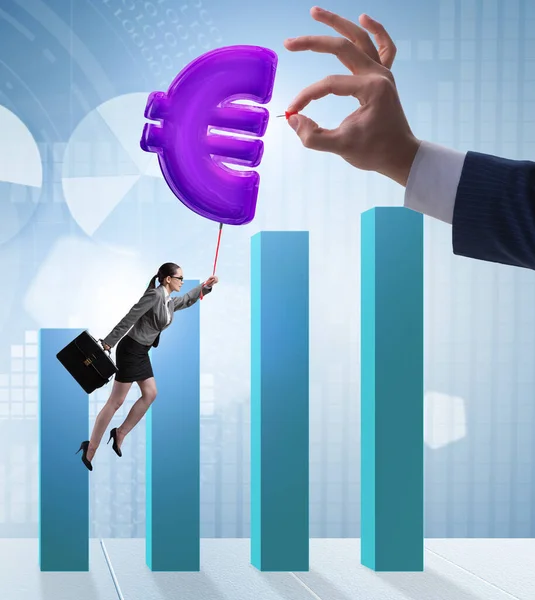 Businesswoman flying on euro sign inflatable balloon — Stock Photo, Image