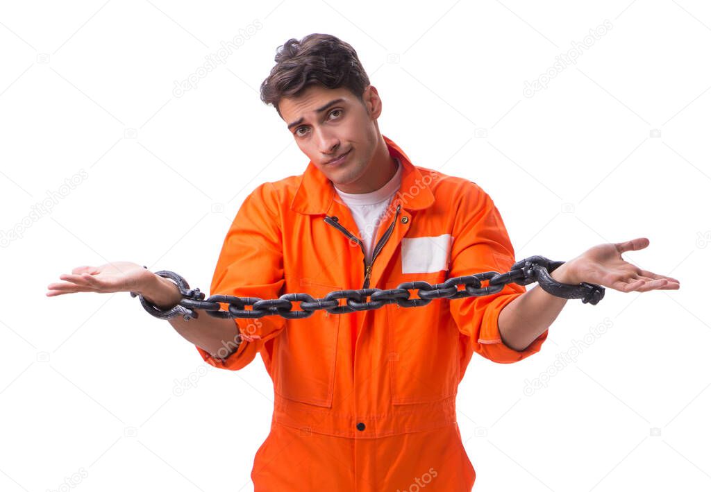 Prisoner with his hands chained isolated on white background