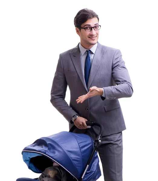 Jovem pai empresário com carrinho de bebê isolado em branco — Fotografia de Stock