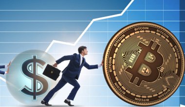 İşadamı, kripto para zinciri konseptinde bitcoin basıyor