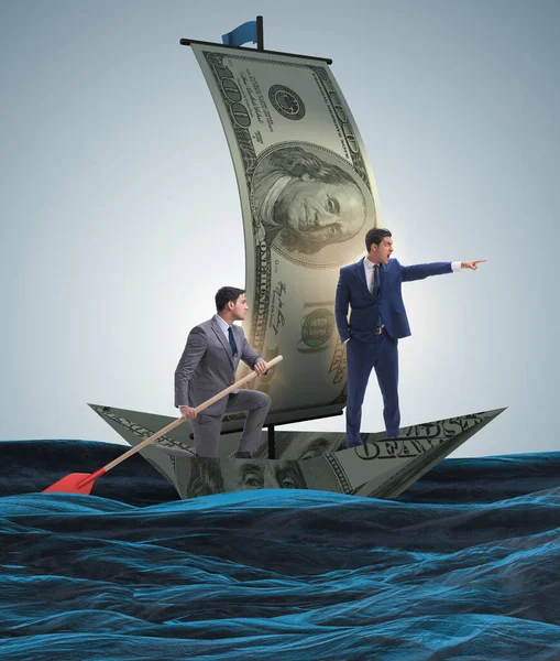 Zakelijk partnerschap met zakenlieden zeilen op dollarboot — Stockfoto