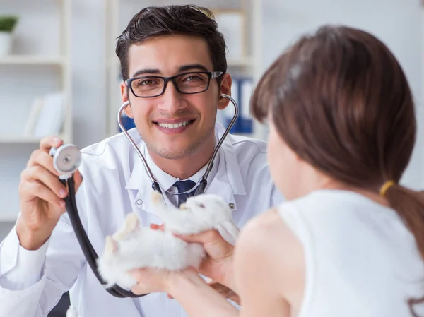 Woman with pet rabbit visiting vet doctor