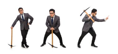 Genç işadamının elinde beyaz bir alet var.