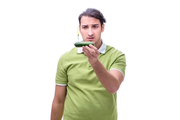 Jeune homme dans le concept des fruits et légumes OGM — Photo
