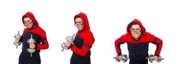 Spor kostüm giyen genç adam beyazların üzerinde izole edilmiş.