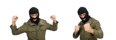 Maske takan suçlu beyaz üzerine izole edildi