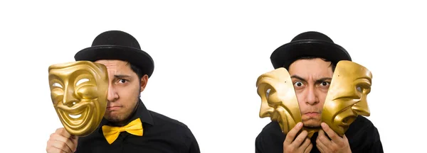 Mladý muž se zlatou benátskou maskou izolovaný na bílém — Stock fotografie