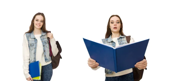 Bella studente in possesso di libri di testo isolati su bianco — Foto Stock