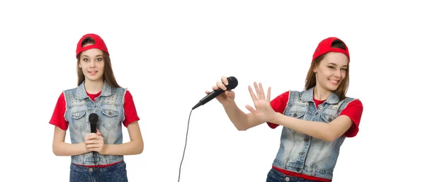 Jolie fille chante karaoké isolé sur blanc — Photo