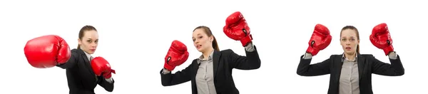 Mujer de negocios con guantes de boxeo aislados en blanco — Foto de Stock