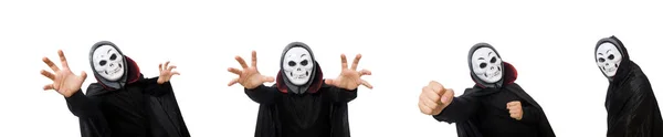 Uomo in costume horror con maschera isolata su bianco — Foto Stock