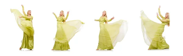 Junge Frau im eleganten langen grünen Kleid isoliert auf weiß — Stockfoto