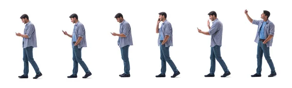 Ung student med smartphone isolerad på vit — Stockfoto
