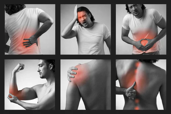 急性疼痛に苦しむ男のコラージュ — ストック写真
