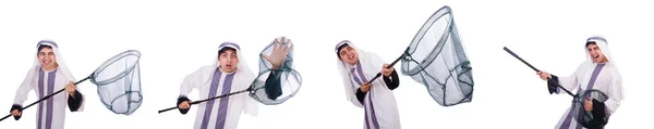 Arabo uomo d'affari con cattura rete su bianco — Foto Stock