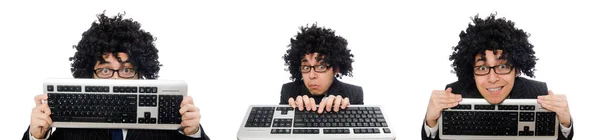 Young employee with keyboard isolated on white — Stock Photo, Image