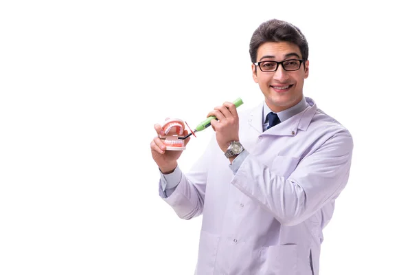 Młody lekarz stomatolog izolowany na białym — Zdjęcie stockowe