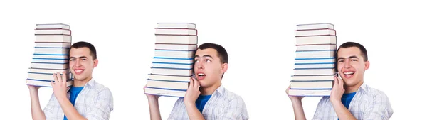 Studente met veel boeken over wit — Stockfoto