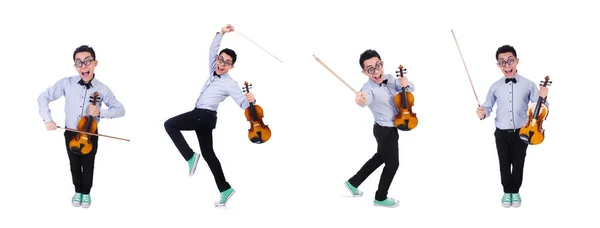 Uomo divertente con violino su bianco — Foto Stock