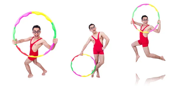 Divertente sportivo con hula hoop su bianco — Foto Stock