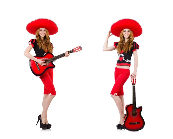 Kadın gitar çalan beyaz fötr şapka ile — Stok fotoğraf