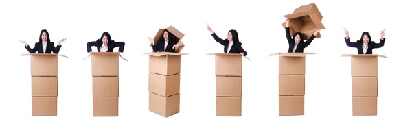 Woman with lots of boxes on white — Stock Photo, Image