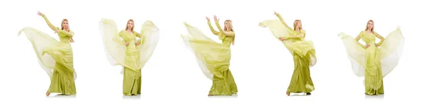Söt flicka i elegant grön klänning isolerad på vit — Stockfoto
