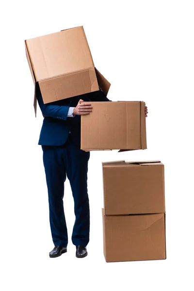 Young male employee with boxes isolated on white Royalty Free Stock Photos