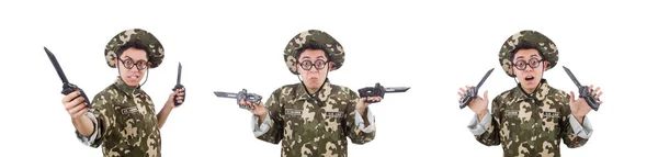 Funny soldado con cuchillo en blanco —  Fotos de Stock