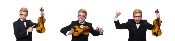 Jovem músico com violino isolado em branco — Fotografia de Stock
