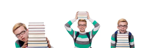 Vtipný student s hromadou knih — Stock fotografie