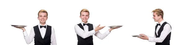 Waiter holding plate isolated on white — Stock Photo, Image