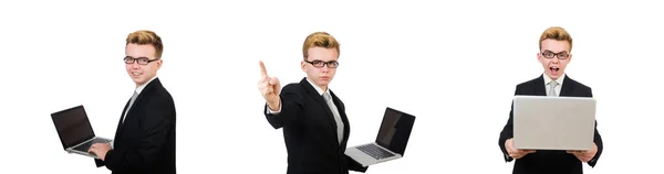 Młody biznesmen z laptopem izolowane na białym — Zdjęcie stockowe