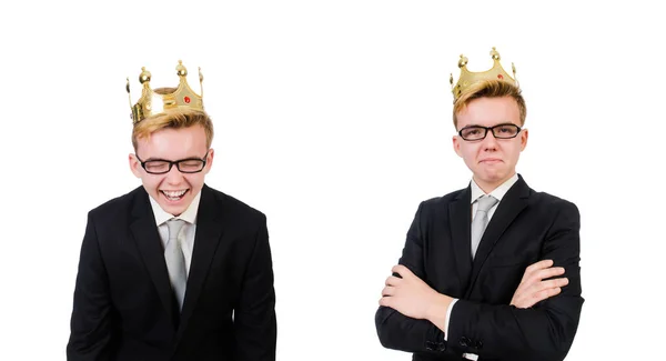 Joven hombre de negocios con corona aislada en blanco — Foto de Stock