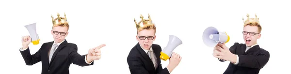 Man met kroon en megafoon geïsoleerd op wit — Stockfoto